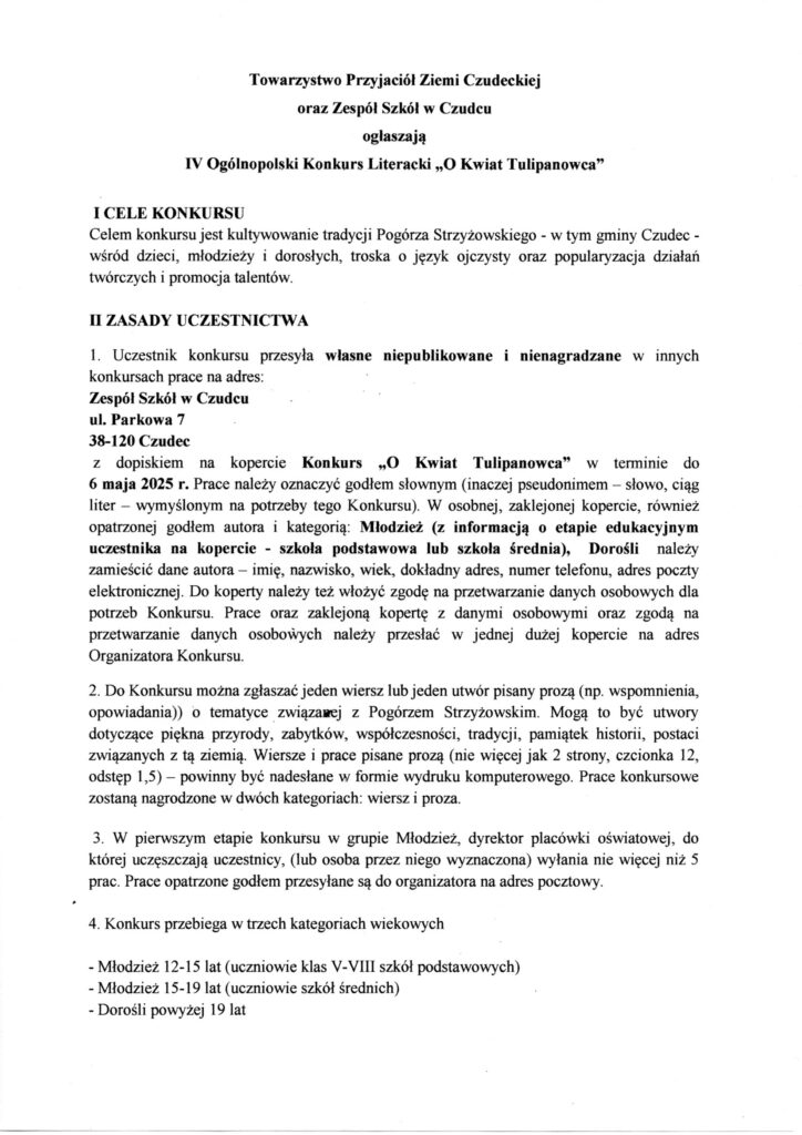 Regulamin konkursu O Kwiat Tulipanowca